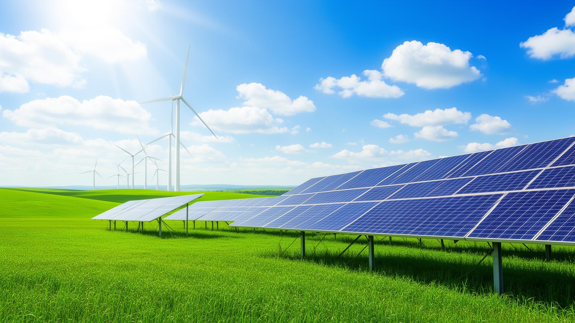 Windturbines en zonnepanelen in groen landschap